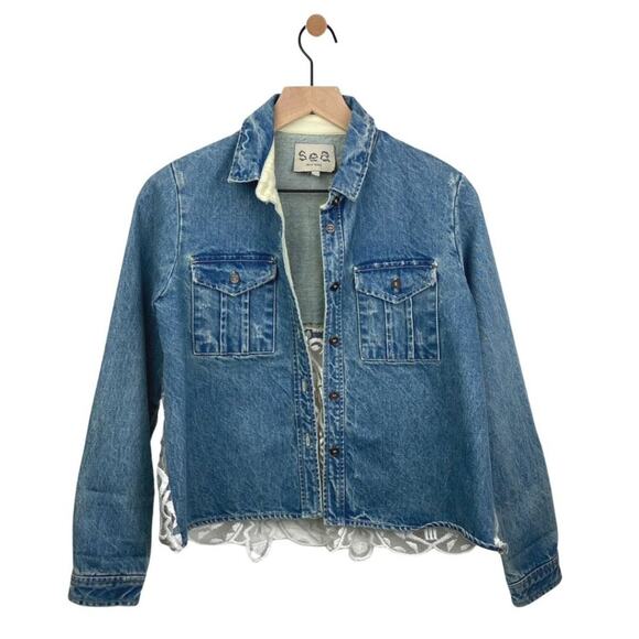 Sea New York Denim Shacket Shirt Jacket Crochet Lace 0 - Picture 7 of 13